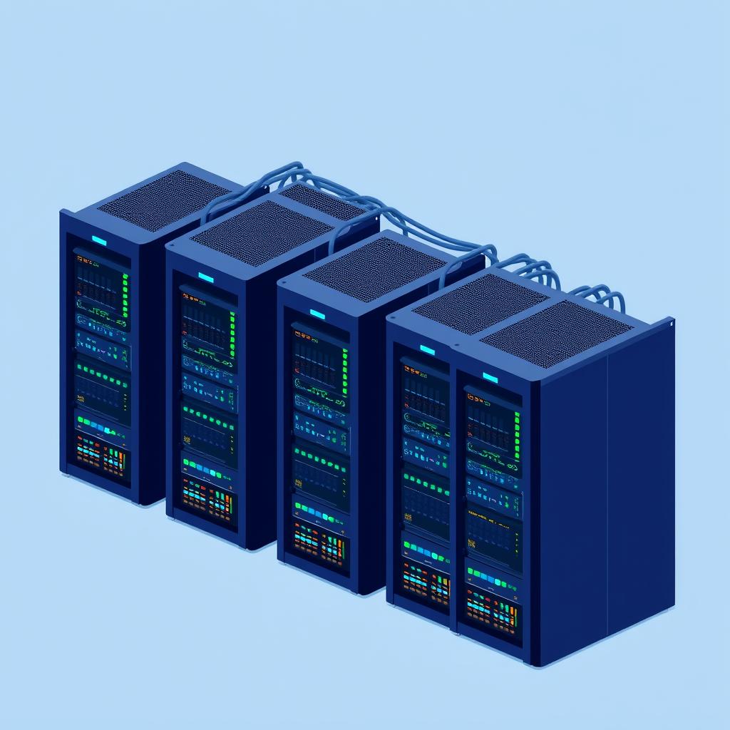 Rows of black server racks with neat cabling and blue status lights inside a private on-premise data center